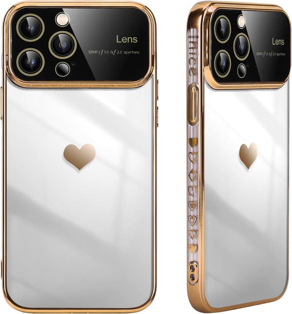 ETUI TIL APPLE IPHONE 14 PRO MAX GULD RAMME HJERTE KAMERA BESKYTTELSE A2894