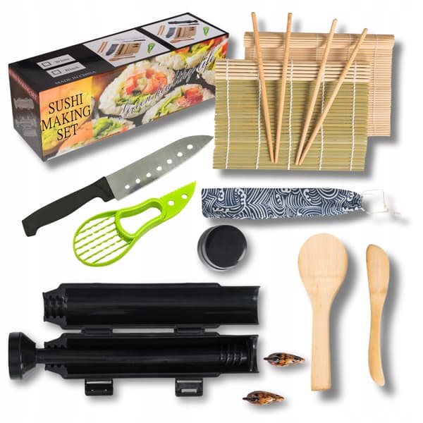 Set med sushimaskin med rullmatta och sushitillbehör