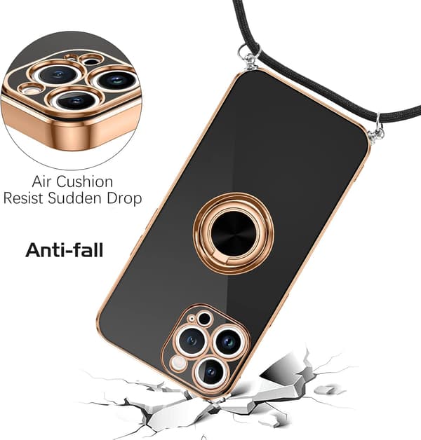 ETUI TIL APPLE IPHONE 13 PRO SILIKONE SORT GULD RAMME + RING OG LANYARD