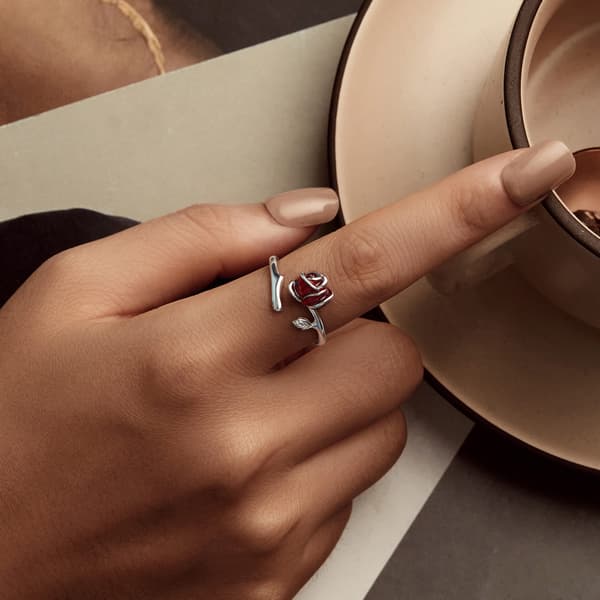 Justerbar silverring med röd ros, 925 silver