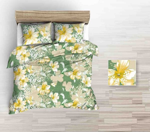 Bäddset bark 160x200 grönt stora gula beiga tecknade blommor