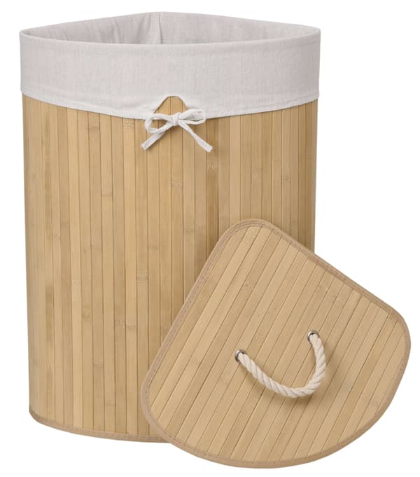Hörntvättkorg i bambu med naturfärgat lock 60L