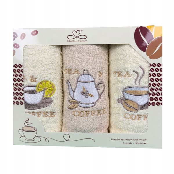 Køkkenhåndklædesæt Kuchcik mønster caffe&tea 30x50 lys beige, ecru