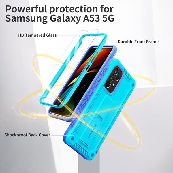 ARMOR ETUI TIL SAMSUNG GALAXY A53 5G BLÅ MED STATIV 9H GLAS