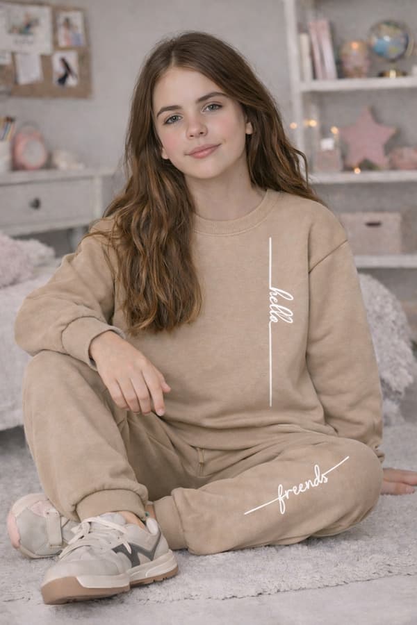 Barnträningsset varm 152 tvådelat med tryck beige