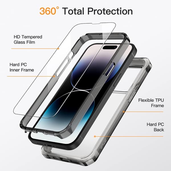 BAGCODE TIL APPLE IPHONE 14 PRO MAX SORT RAMME + 2x HÆRDET GLAS