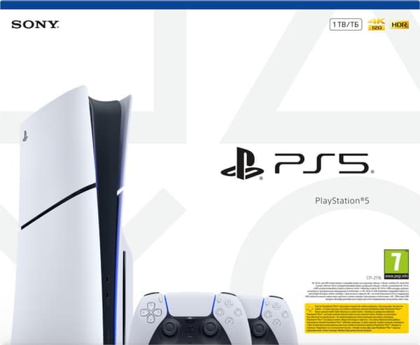 Sony PlayStation 5 Slim 1TB E Chassis (CFI-2116) og ekstra Dualsense controller hvid-sort