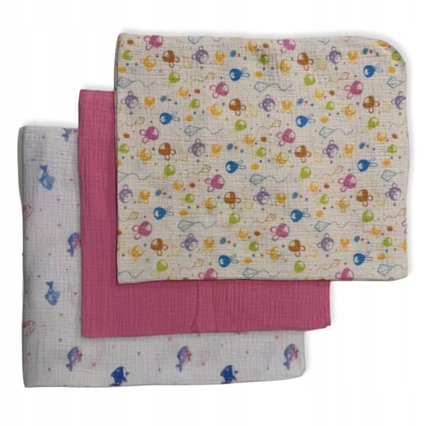 3-PAK minibleer, muslin, 38x38, delfin, dyr, lyserøde klude