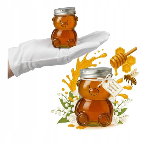 Glaskrukke Bamse 300ml 4 stk. Bryllup Dåb Nadver til honningmarmelade