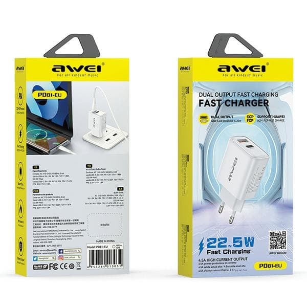 AWEI PD81-EU 22.5W GaN vit laddare