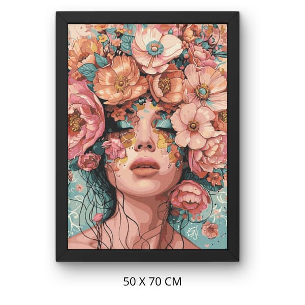 Mal efter tal med ramme Kvinde i en blomsterhave 50x70 cm