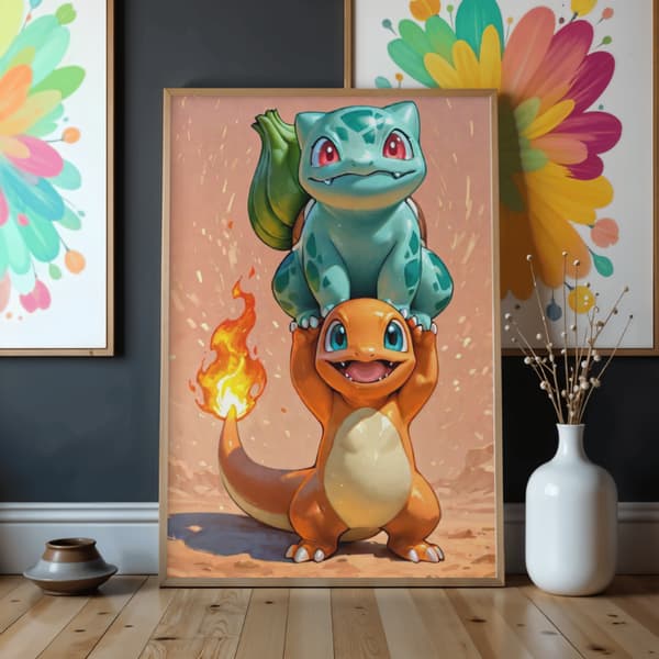 Mal efter nummer billede med ramme Pokémon Bulbasaur Charmander 50x70cm