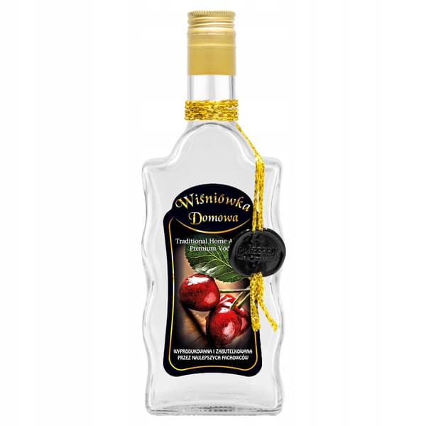 Pullo, koristeltu aaltokuviolla, 500 ml kotitekoista kirsikkavodkaa
