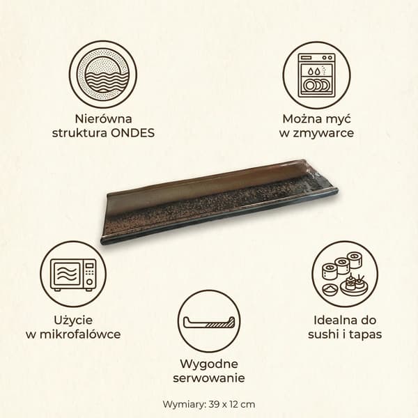 REKTANGULÆR KERAMISK SERVERINGSTALLERKEN TIL SUSHI BRUN 39×12 CM