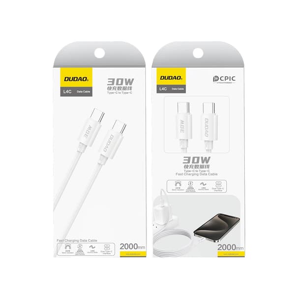 Dudao L4C USB-C / USB-C 30W 2m Kabel - Hvid