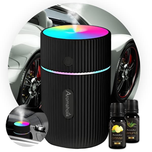 Sort USB-aromadiffuser til bilen - LED-luftfugter + olie