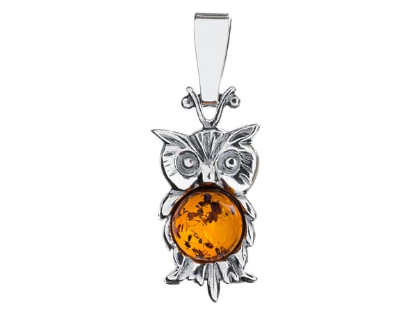 Silverugglehänge med oxiderad bärnsten, ugglefågelhänge, silver