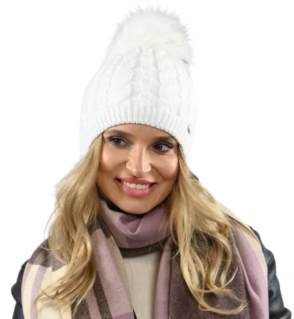 Vit varm damvintermössa med pompom, isolerad med fleece beanie universalstorlek