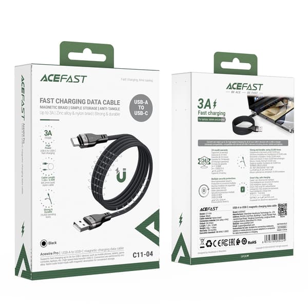 Acefast C11-04 USB-A - USB-C 3A-kabel 1,2 m magnetisk flätad - svart