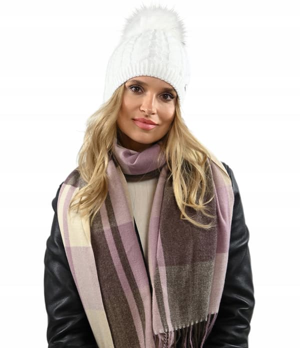 Vit VARM DAMVINTERMÖSSA med pompom, isolerad med fleece BEANIA UNI