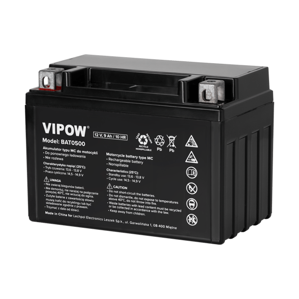 Motorcykelbatteri 12V 9Ah MC Vipow scootermotor quad