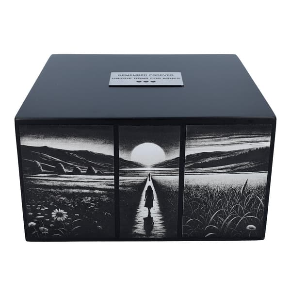Sort Træurne med Graveret Triptyk Sort Træ Kremationsurne med Graveret Triptyk