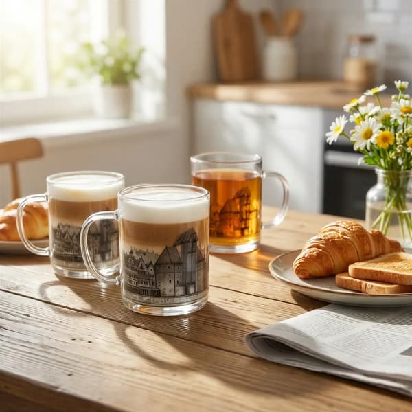GLASMUGG MED TRYCK GDAŃSK STAD 400 ML SET MED 6 GLASMUGGAR GLAS