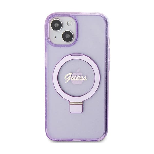 Guess Ring Stand Script Glitter MagSafe - iPhone 15 Plus -suojakuori (violetti)