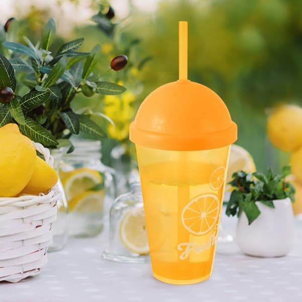 Plastikkrus med låg og sugerør 450 ml