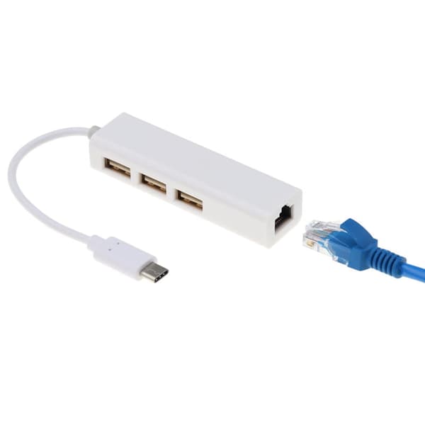 USB-C hub op til 3 x USB 2.0 / Ethernet RJ45 netværkskort internetadapter