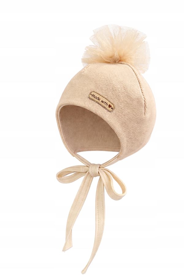 Pigerhue 46-48 med 2 lag bundet og pompon forår efterår beige