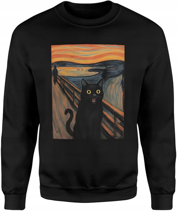 SJOV HERRESWEATSHIRT MED KATTEPRINT, TRYKT BILLEDE, SORT L