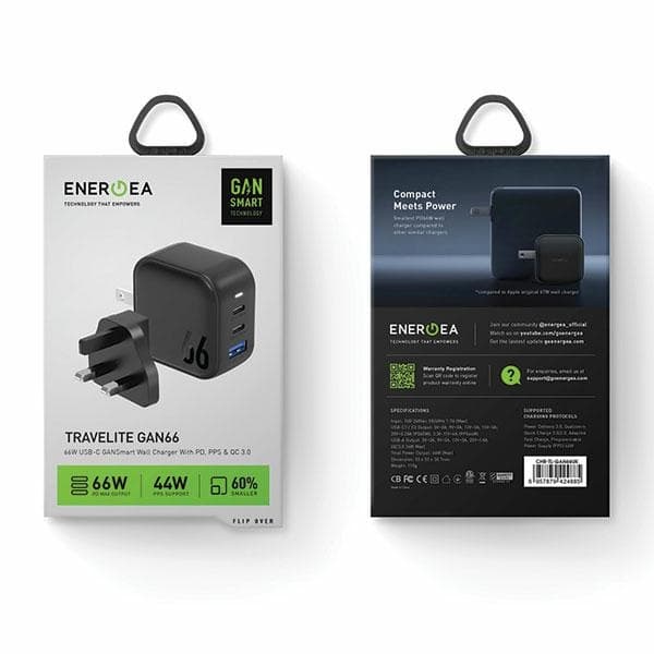 ENERGEA strømforsyning 1xUSB+2xUSB-CPD-PPS-QC 3.0 66W 2C1A sort/sort US+EU Travelite GAN66