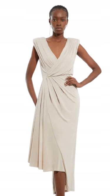 KAREN MILLEN BEIGE V-RINGAD RAK MIDIKLÄNNING FÖR SMALL PASINS S B1C