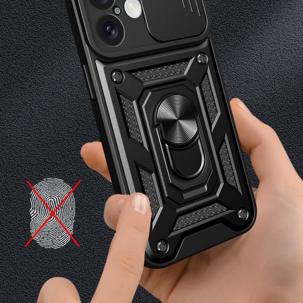 Hybrid Armor Camshield-cover til iPhone 16 Plus med kameracover og stativ - sort