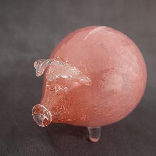 Lyserød sparegris, bulende, stor, glas, revnet, bryllupsgave