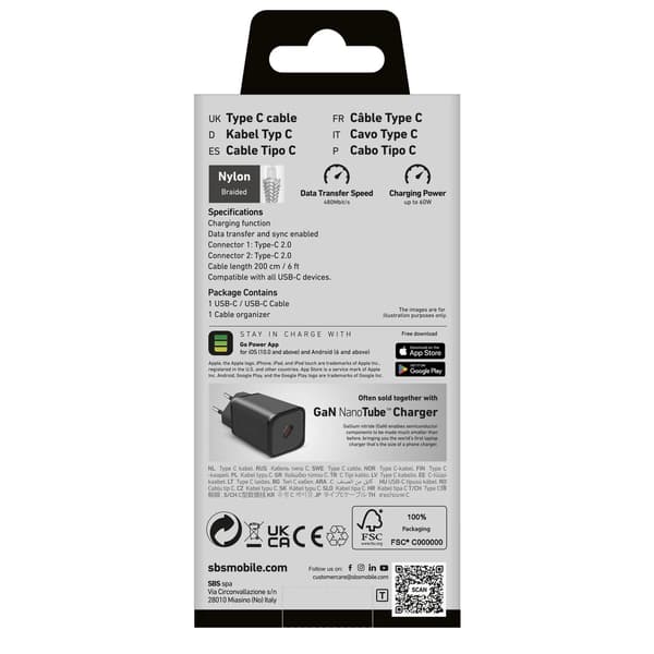 SBS TECABLETISSUETCC2G Kaapeli 2 x USB-C 2m 60W Virransyötöllä - Harmaa