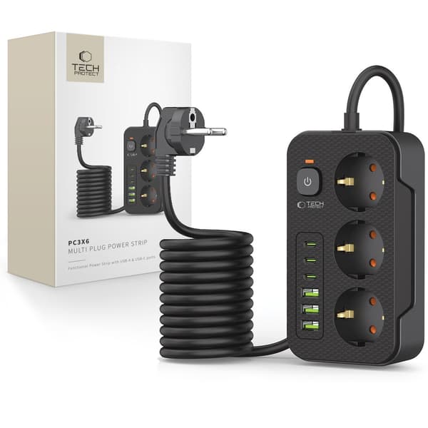 TECH-PROTECT PC3X6 STRØDSTYKKE 3 USB & 3 TYPE-C & 3 STIKKONTAKT 200CM SORT