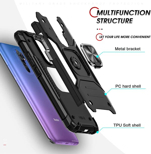 ARMOR ETUI TIL XIAOMI REDMI 9 SORT MED RING + 2x HÆRDET GLAS