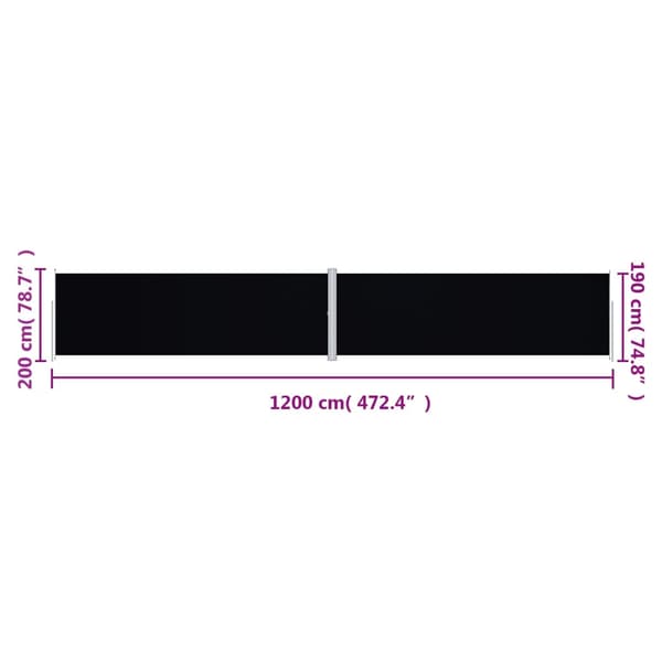 vidaXL Utdragbar sidomarkis svart 200x1200 cm