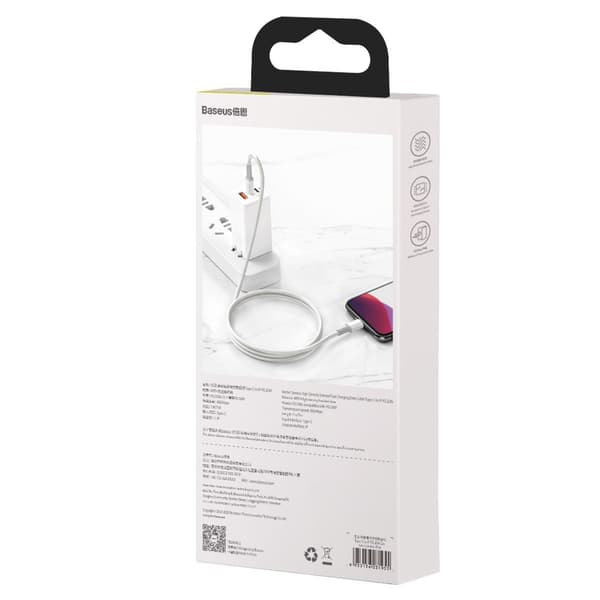 Baseus High Density Braided USB-C - Lightning -kaapeli, 20W, 5A, PD, 1m (valkoinen)