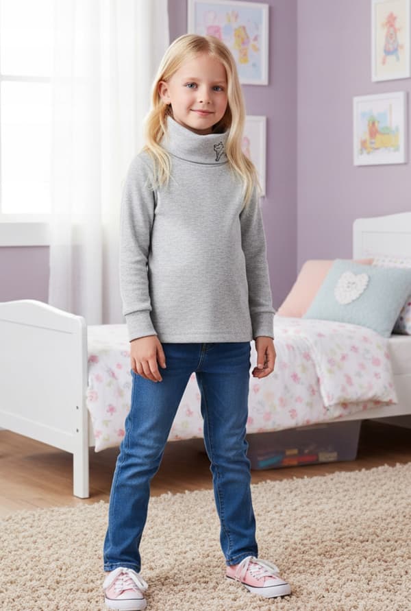 Barn turtleneck 122 sweatshirt t-shirt blus med tryck grå melerad