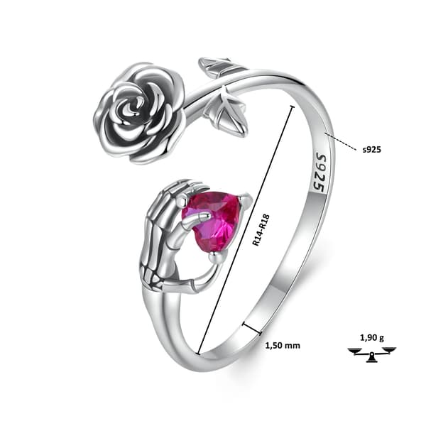 Sølv universal ring skelet hånd HJERTE og ROSE sølv 925