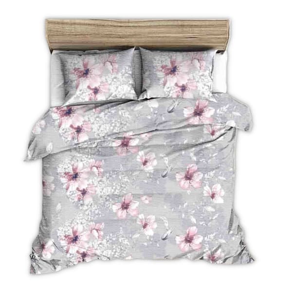 Sengesæt 160x200 grå med store lyserøde blomster
