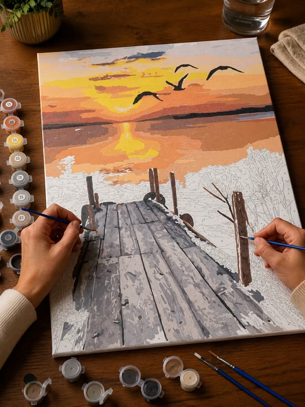 Målning med siffror bro vid solnedgång 40x50cm