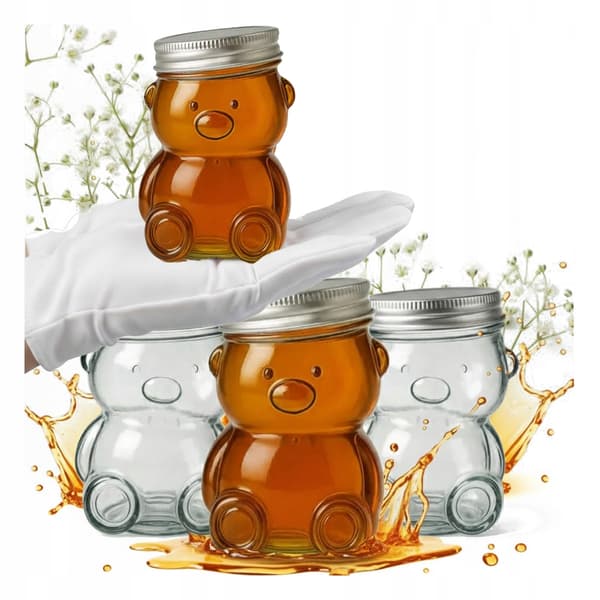 4x Glaskrukke Bamse 150ml Bryllup Dåb Nadver til honningmarmelade slik