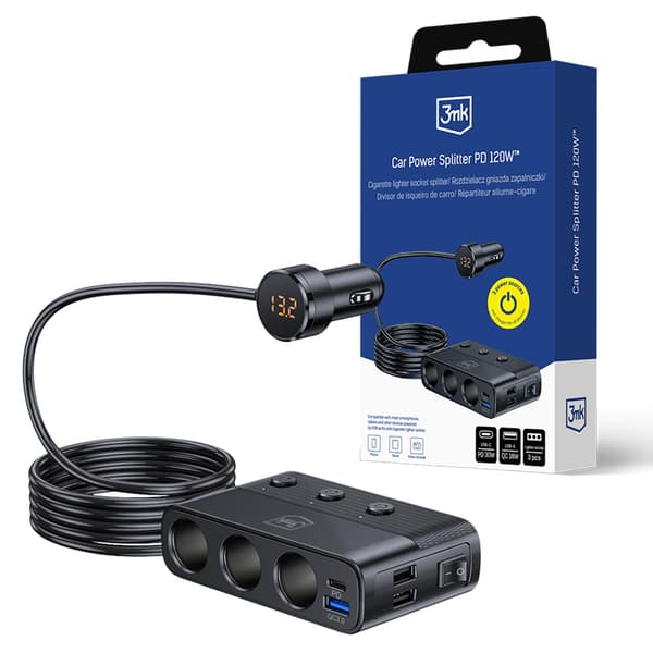 3mk Bilstrømsplitter 120W PD QC PPS USB 3A1C3Socket Sort