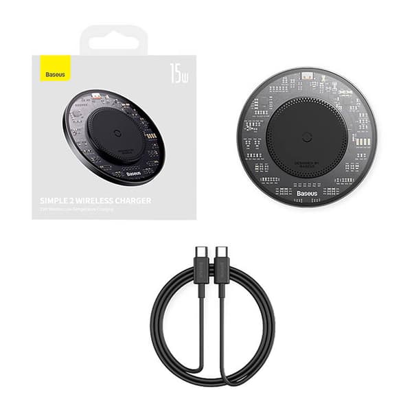 Baseus Simple 2 15W trådløs induktiv oplader med USB-C til USB-C kabel (sort)