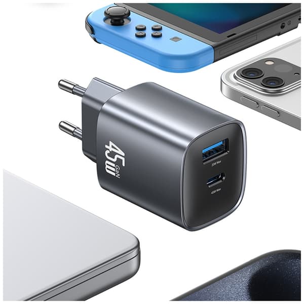 USAMS CC290 T66 45W GaN Vægoplader 1xUSB-A 1xUSB-C Sølv