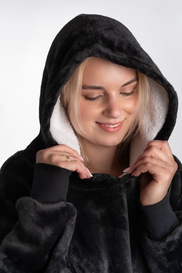 Tæppesweatshirt, large oversize, tyk, varm, med hætte, sort, blød